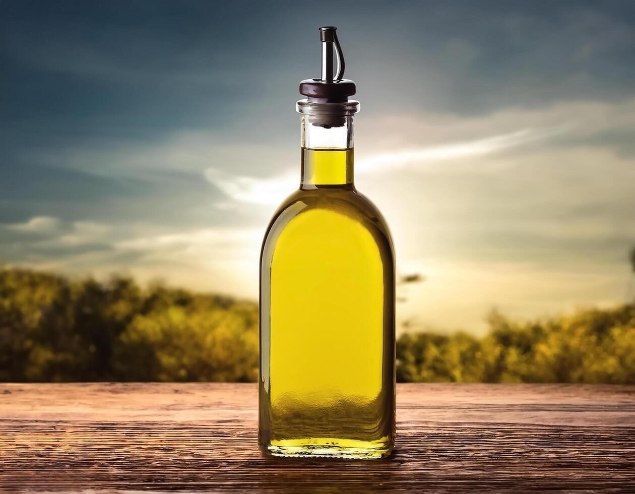 Olive oil bottle isolated on wooden background photo