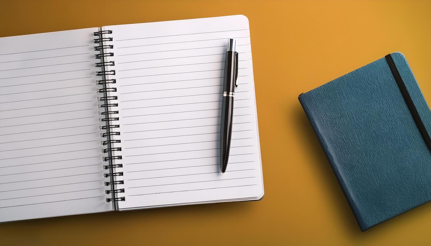 Pen and notebook isolated on minimalist background photo