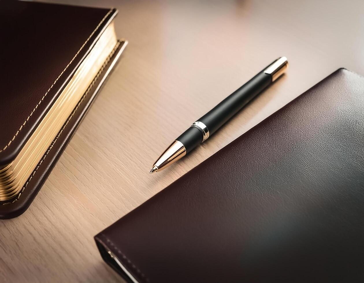Pen and notebook placed on a clean table photo