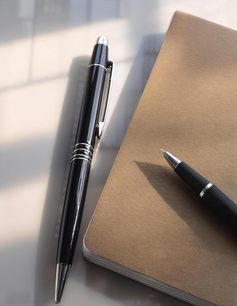 Pen and notebook placed on a clean table photo