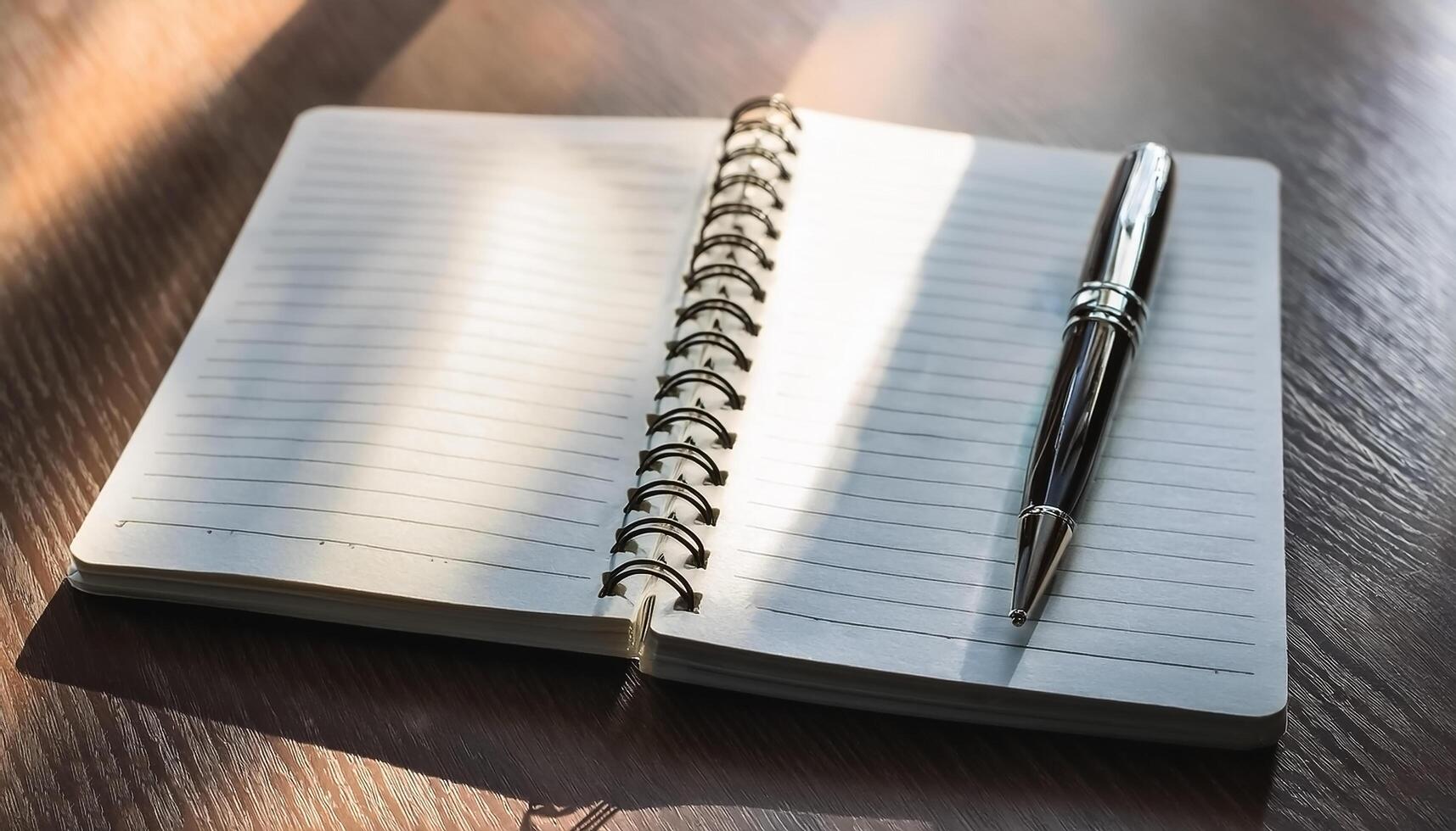 Pen and notebook placed on a clean table photo