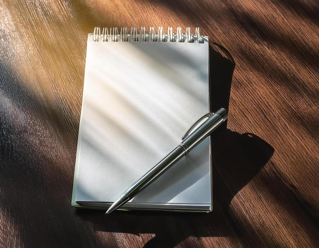 Pen and notebook placed on a clean table photo