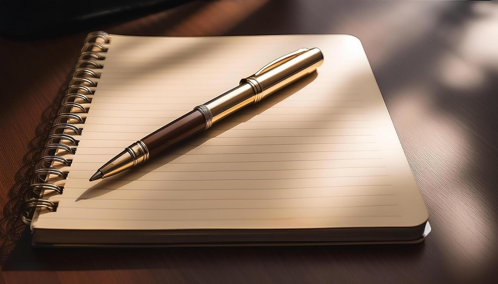 Pen and notebook placed on a clean table photo