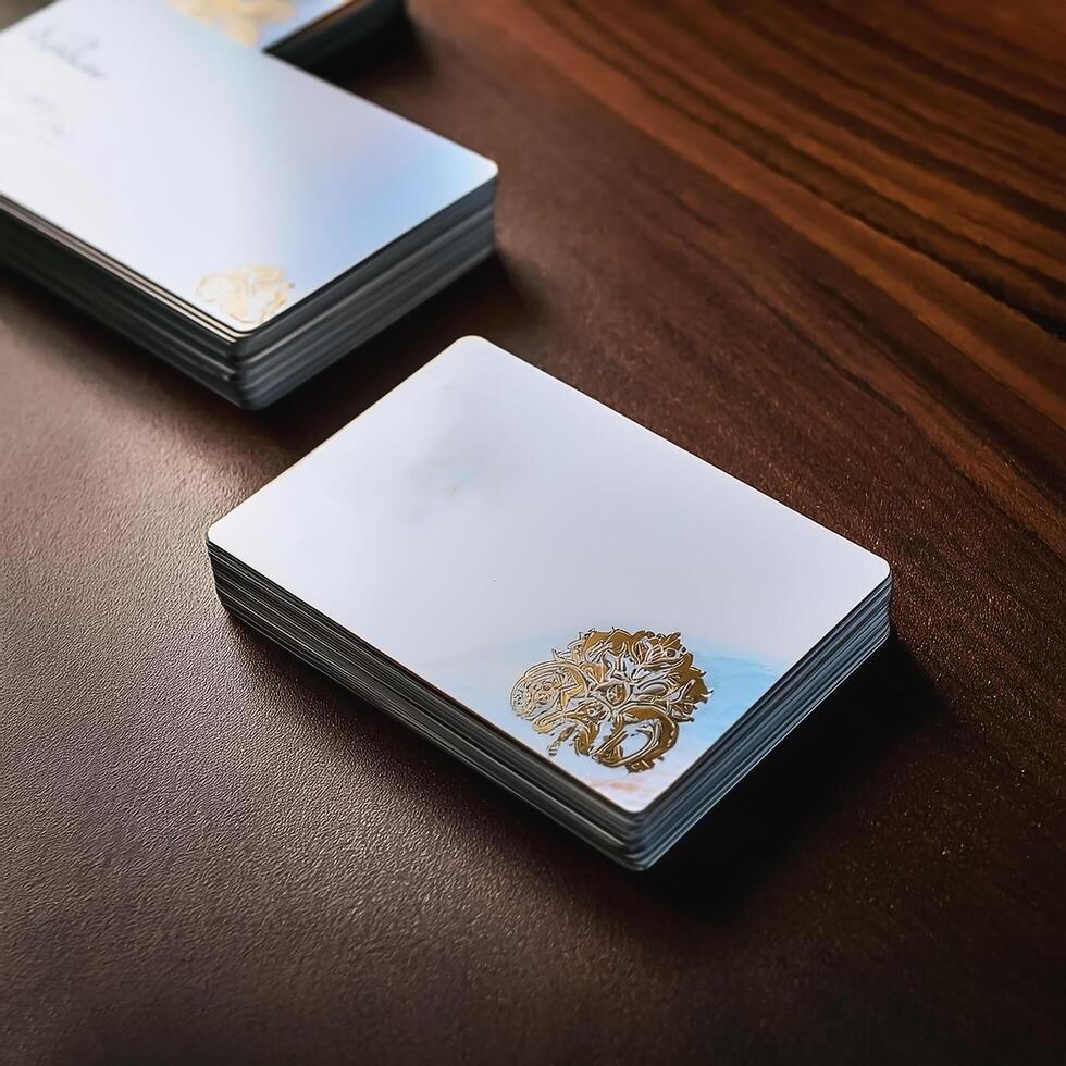 Simple business cards with elegant designs placed on the table. Business Cards photo
