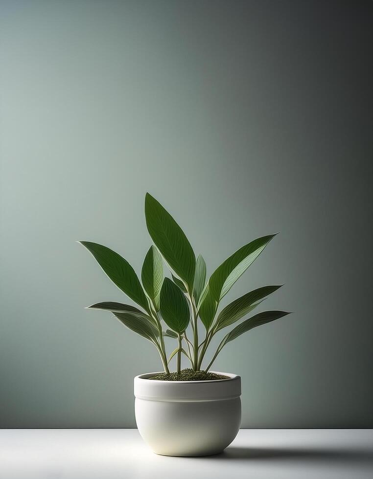 Small plant in a simple pot on a Minimalist background photo