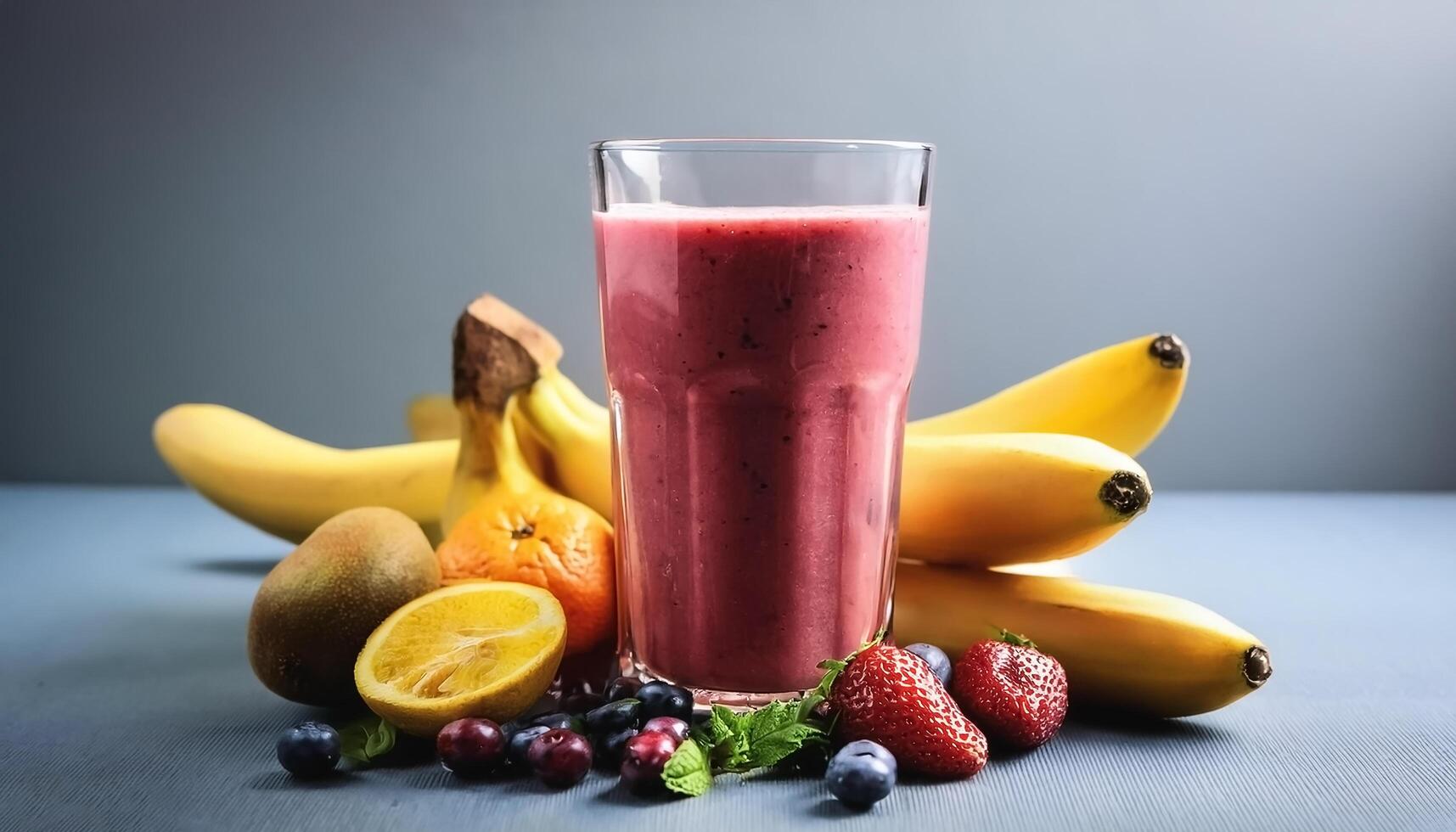 Smoothie Glass. A glass filled with fresh smoothie with fruits on the side photo