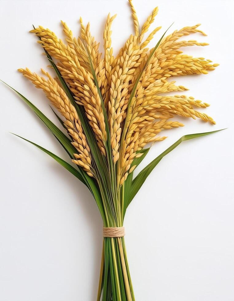 Yellow rice plants or cobs with leaves on a white background photo