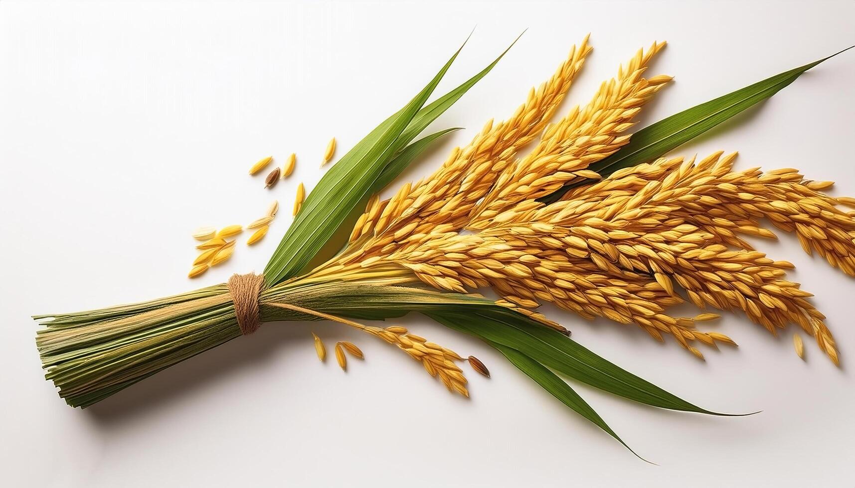 Yellow rice plants or cobs with leaves on a white background photo