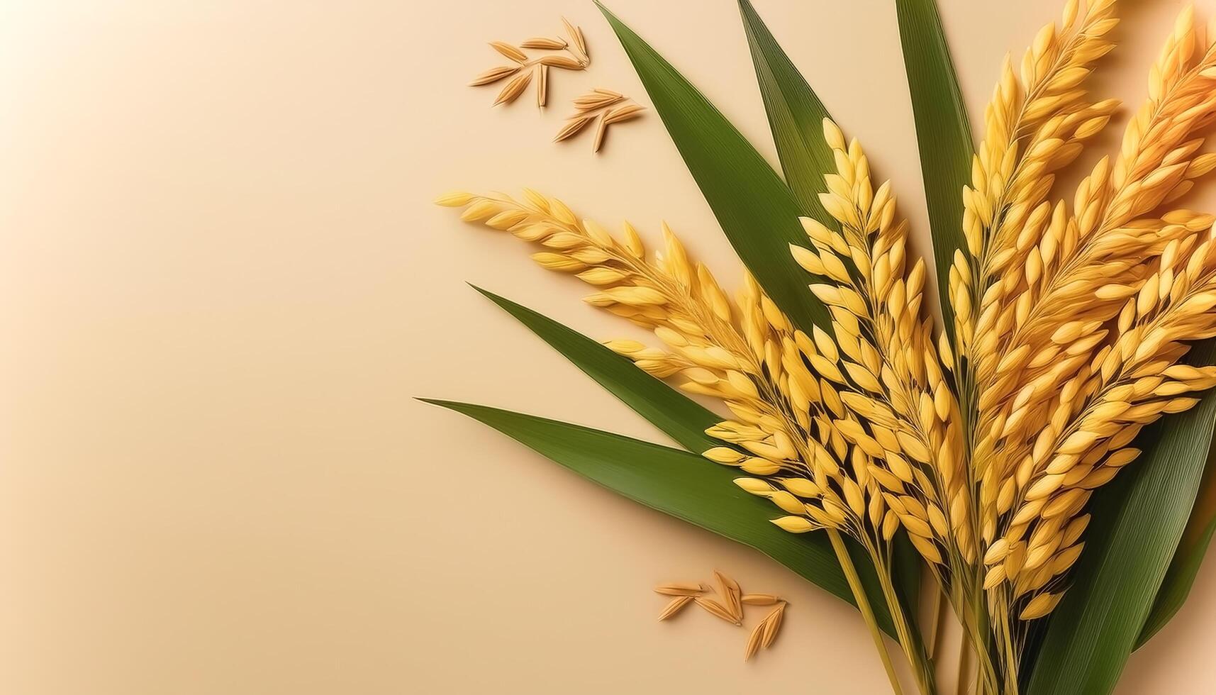 Yellow rice plants with leaves on a biege background photo