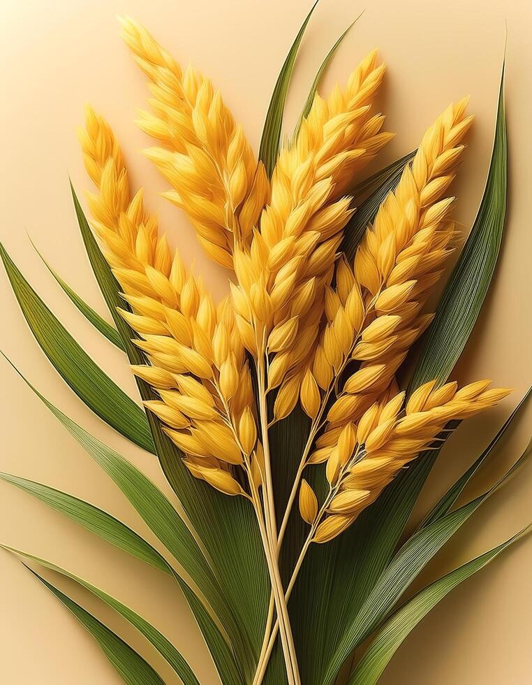 Yellow rice plants with leaves on a biege background photo