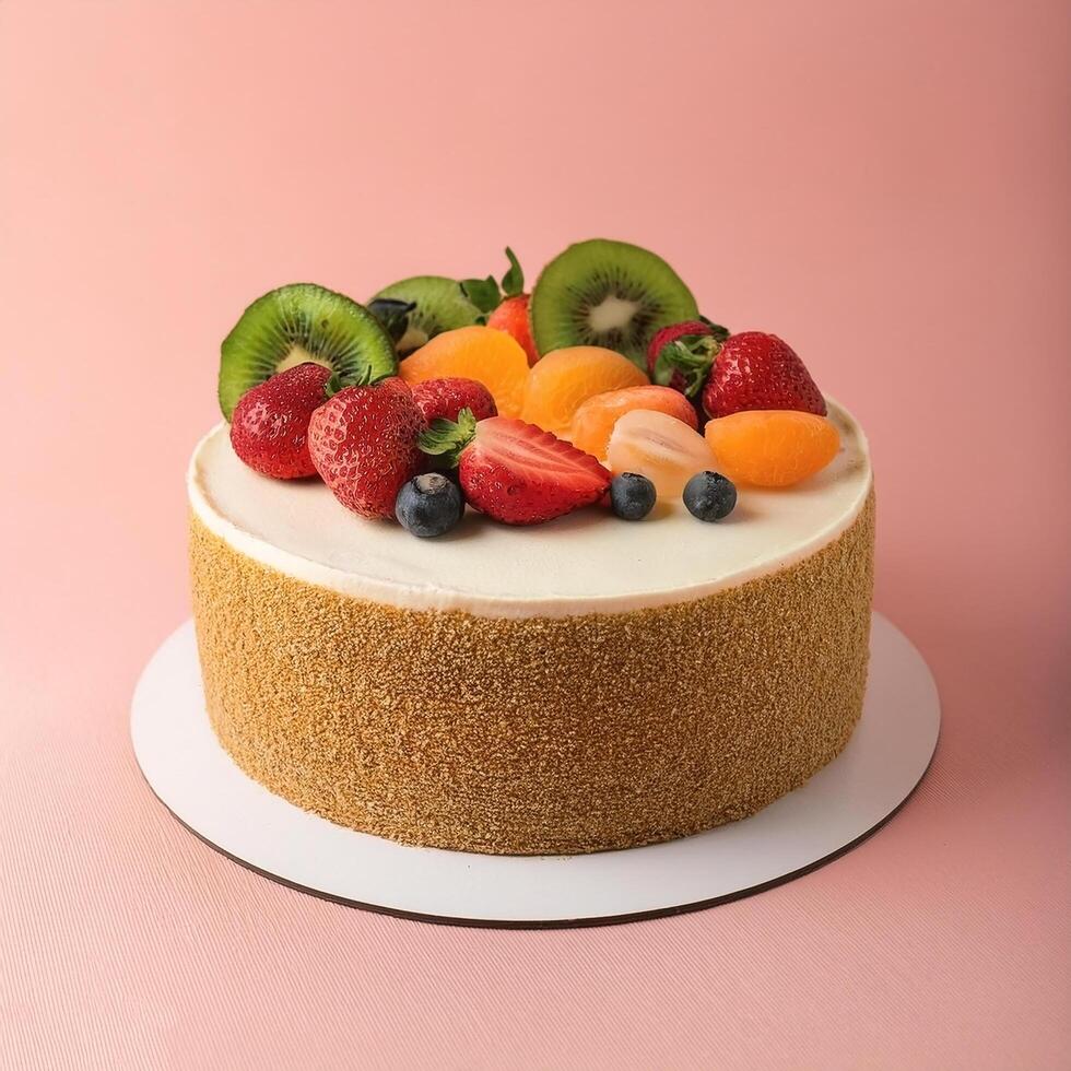 Vegan cake with fresh fruit decoration, on pastel background photo