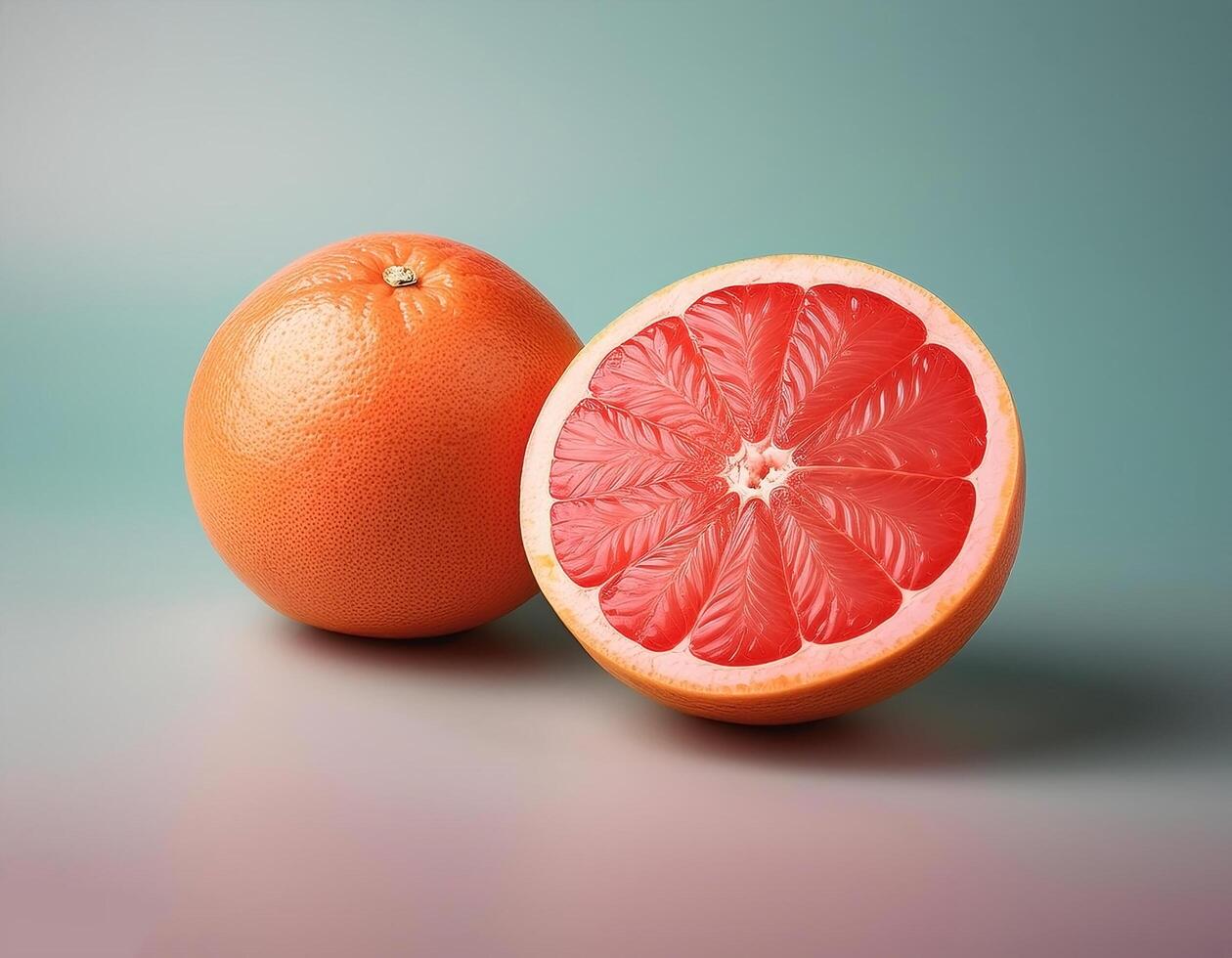 A whole grapefruit with a half cut beside it, on a pastel background photo