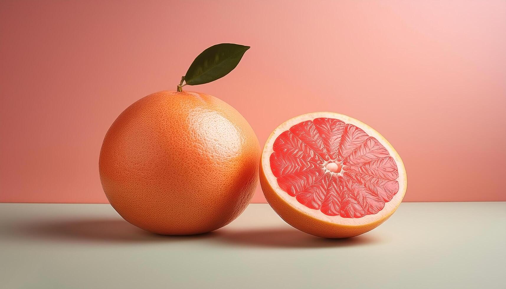 A whole grapefruit with a half cut beside it, on a pastel background photo