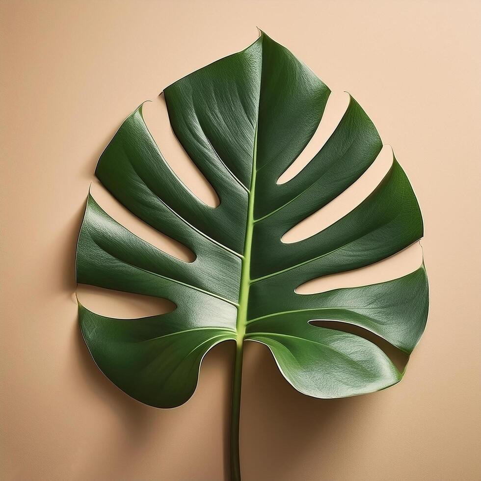Big monstera leaves over beige background photo