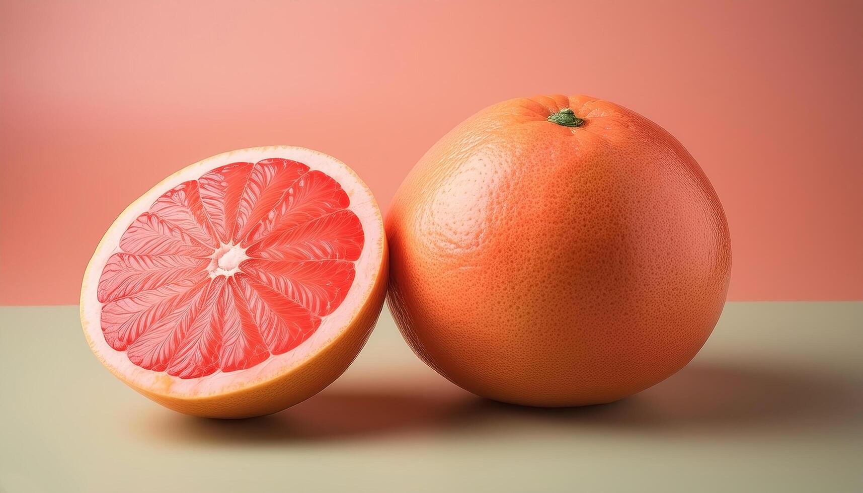 A whole grapefruit with a half cut beside it, on a pastel background photo
