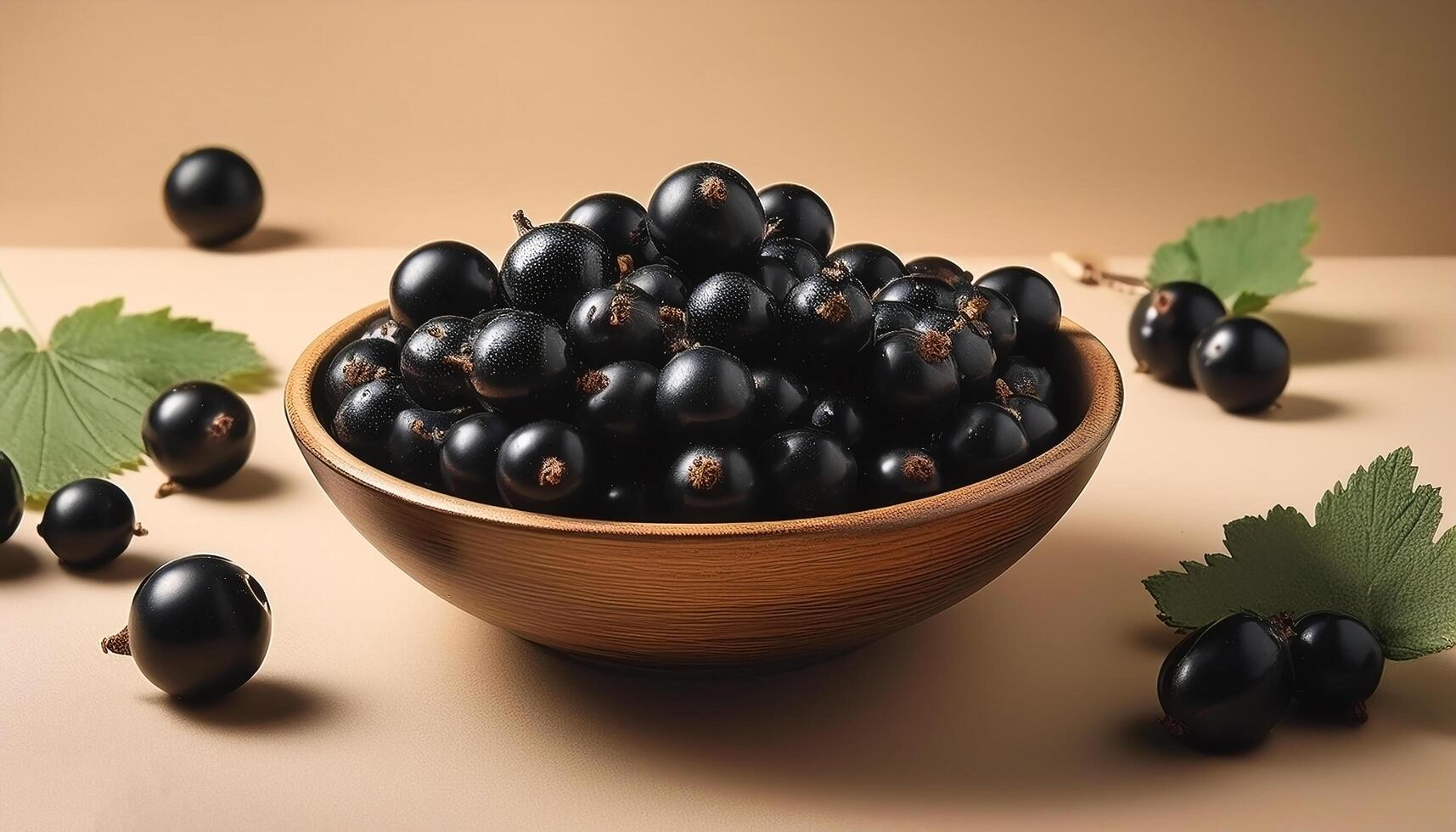 Black currants in a bowl, surrounded on a beige background photo