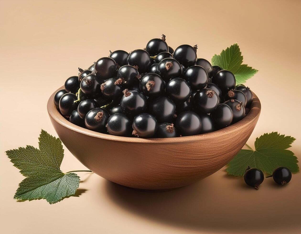 Black currants in a bowl, surrounded on a beige background photo