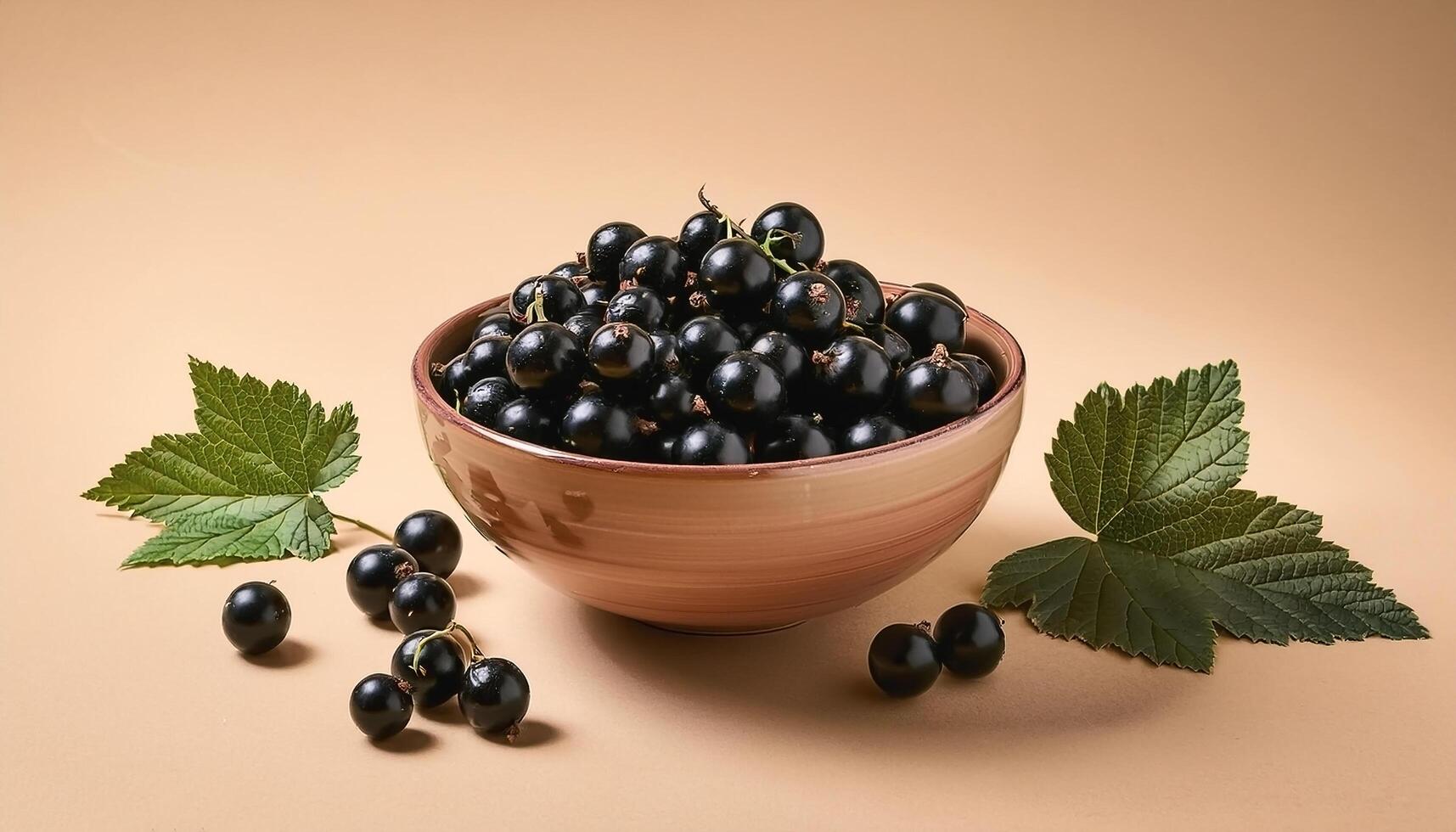 Black currants in a bowl, surrounded on a beige background photo
