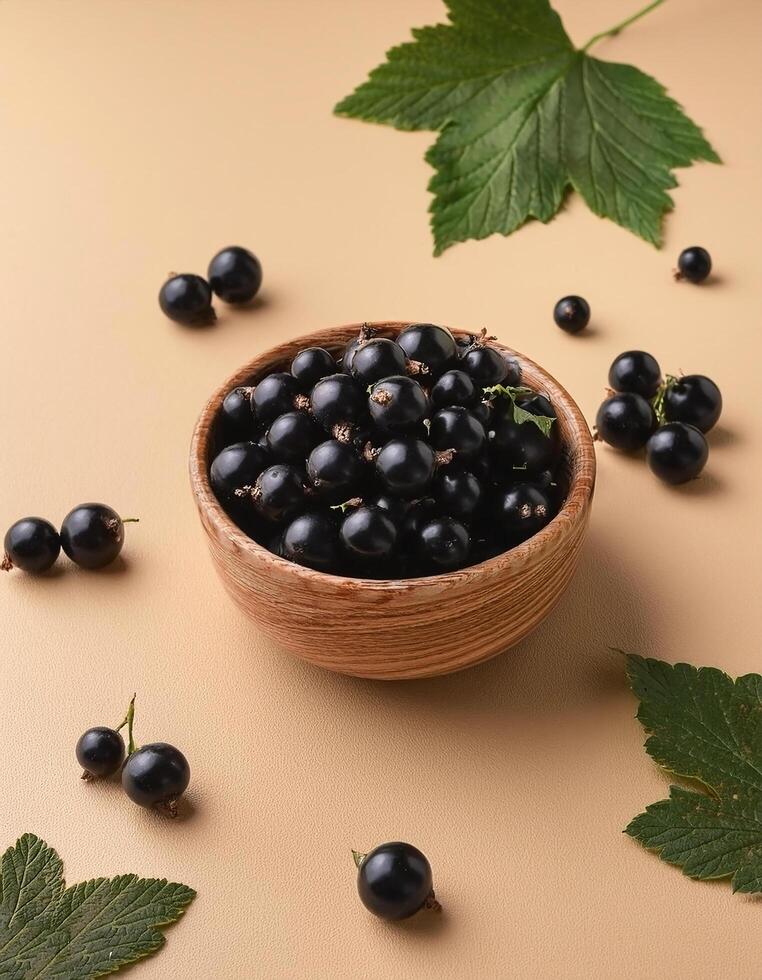Black currants in a bowl, surrounded on a beige background photo