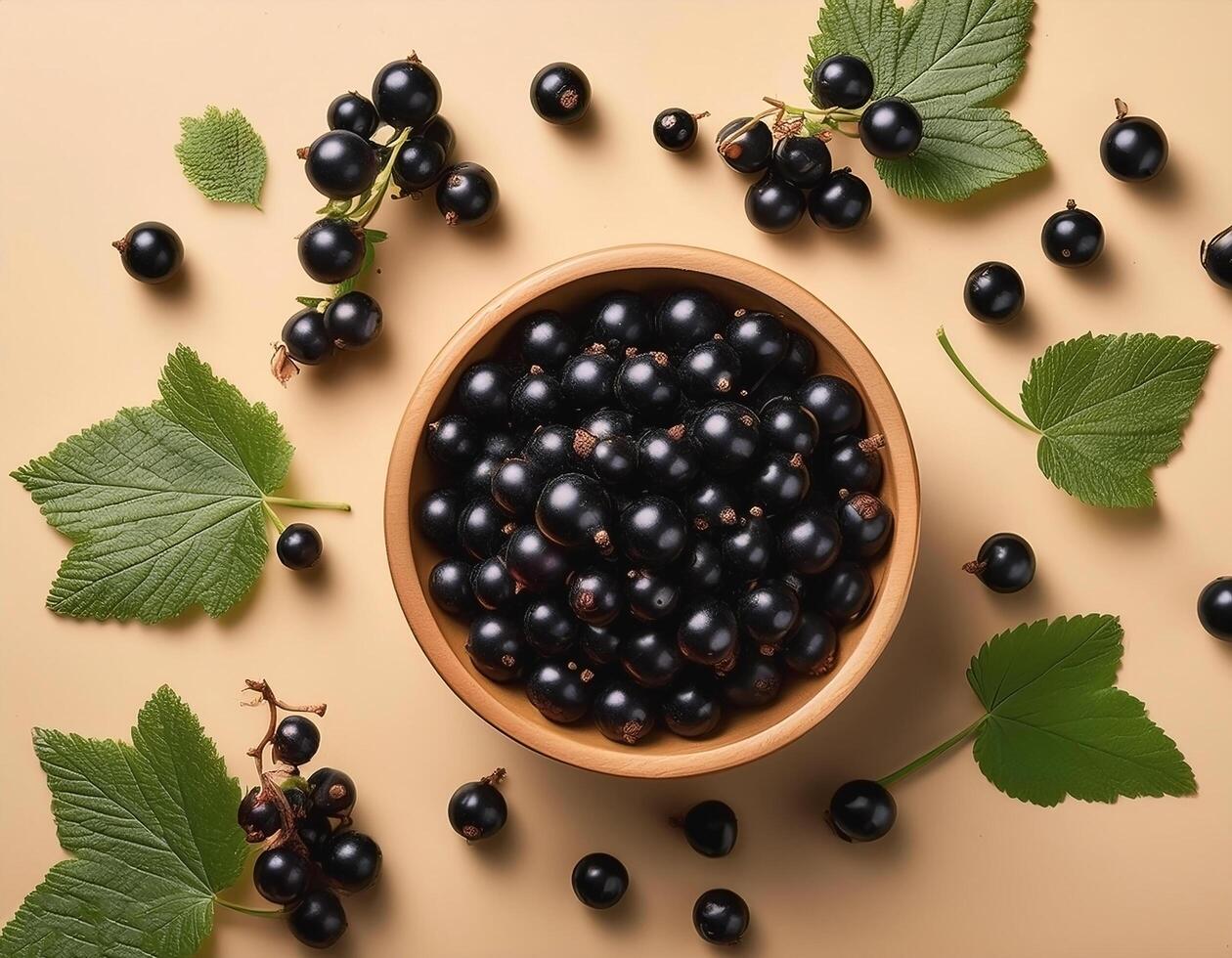 Black currants in a bowl, surrounded on a beige background photo