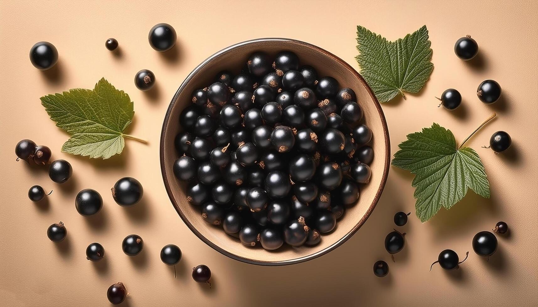 Black currants in a bowl, surrounded on a beige background photo