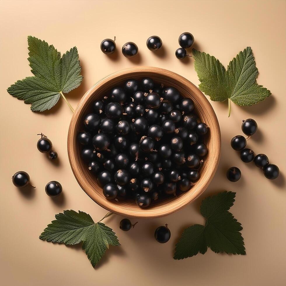 Black currants in a bowl, surrounded on a beige background photo