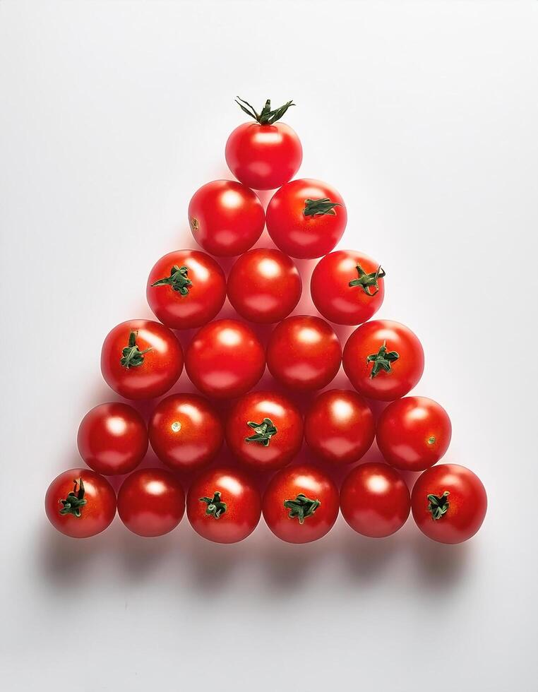 Bright red cherry tomatoes, neatly arranged in a pyramid shape on a white background photo