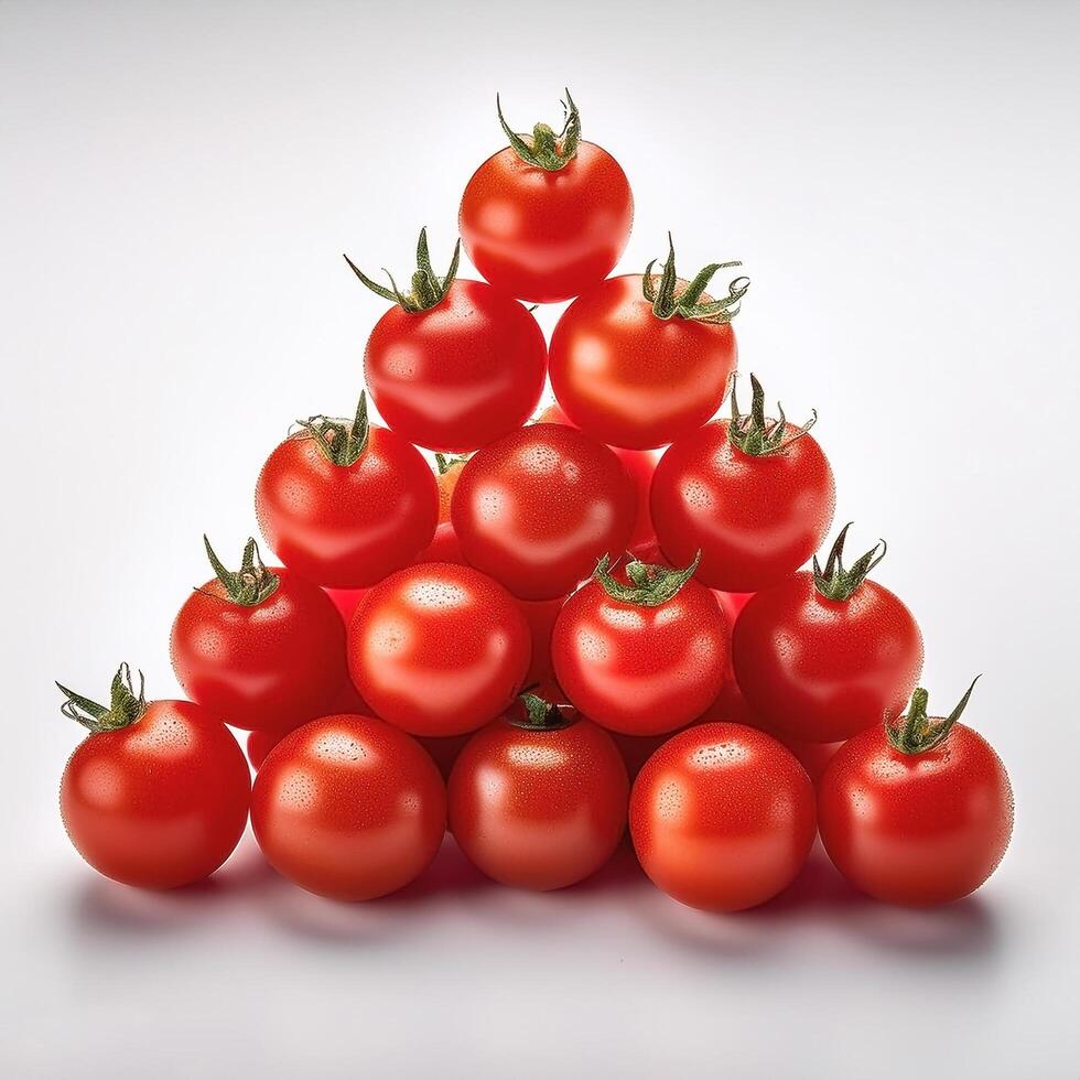 Bright red cherry tomatoes, neatly arranged in a pyramid shape on a white background photo