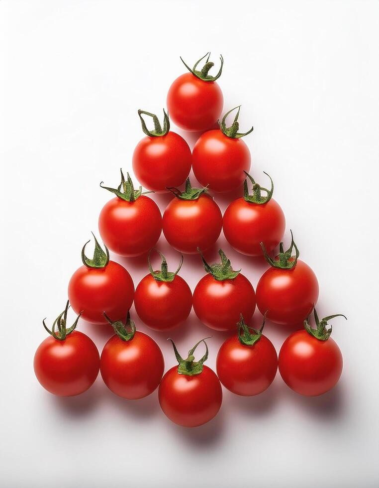 Bright red cherry tomatoes, neatly arranged in a pyramid shape on a white background photo