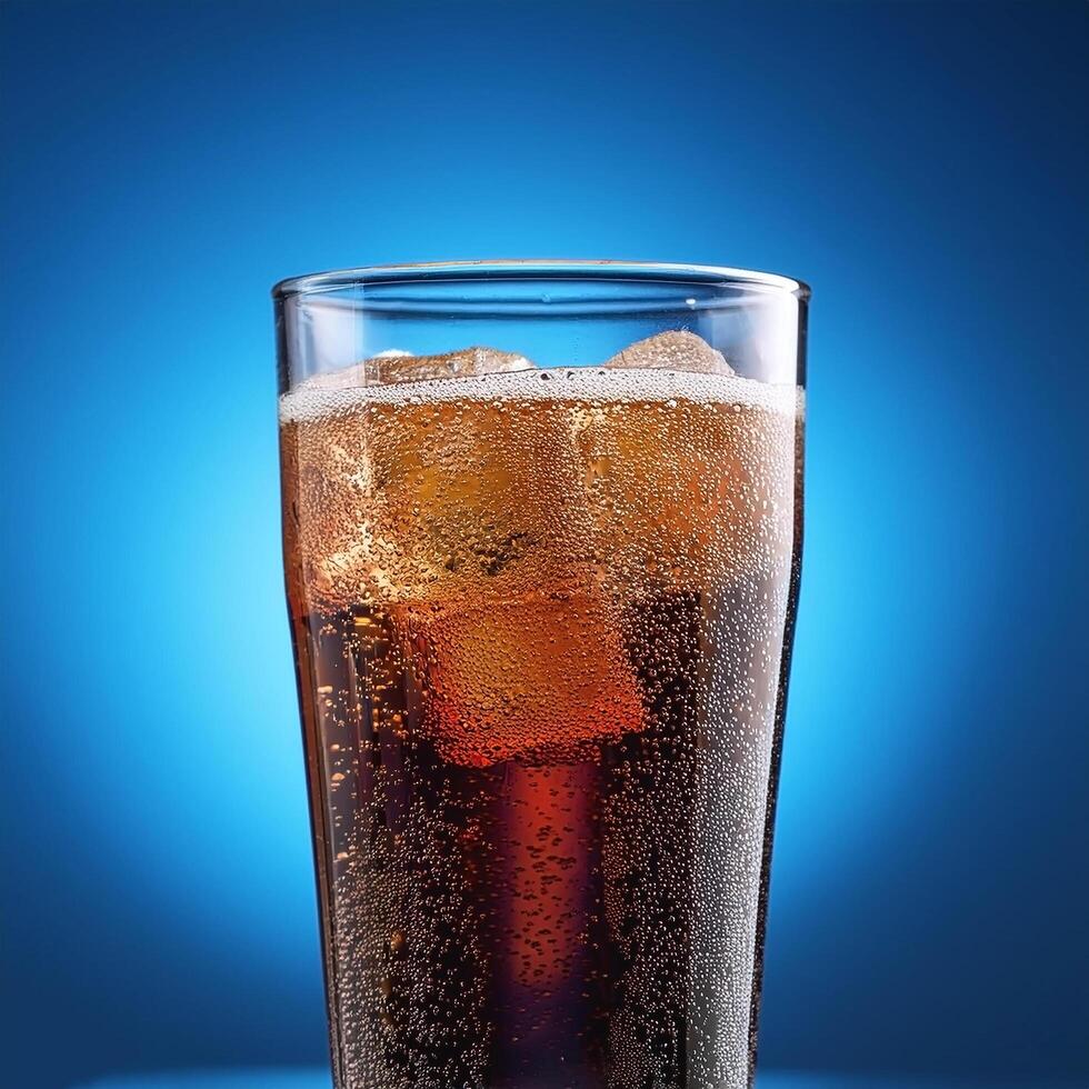 Carbonated soda glass on blue background photo