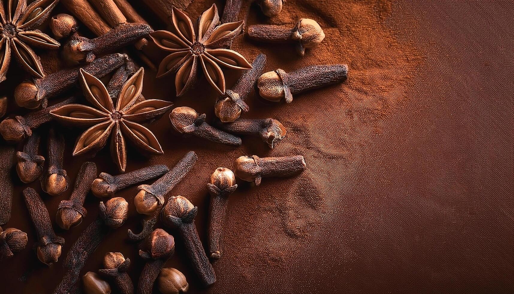 Cloves and cinnamon are spread on a brown background photo