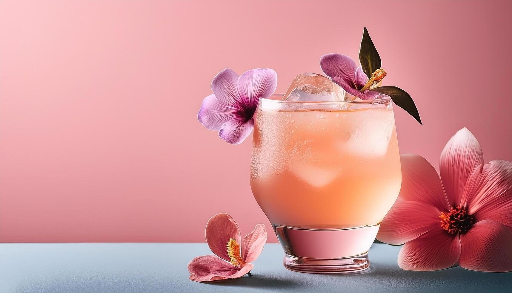 Cocktail with edible flower garnish, on pastel background photo