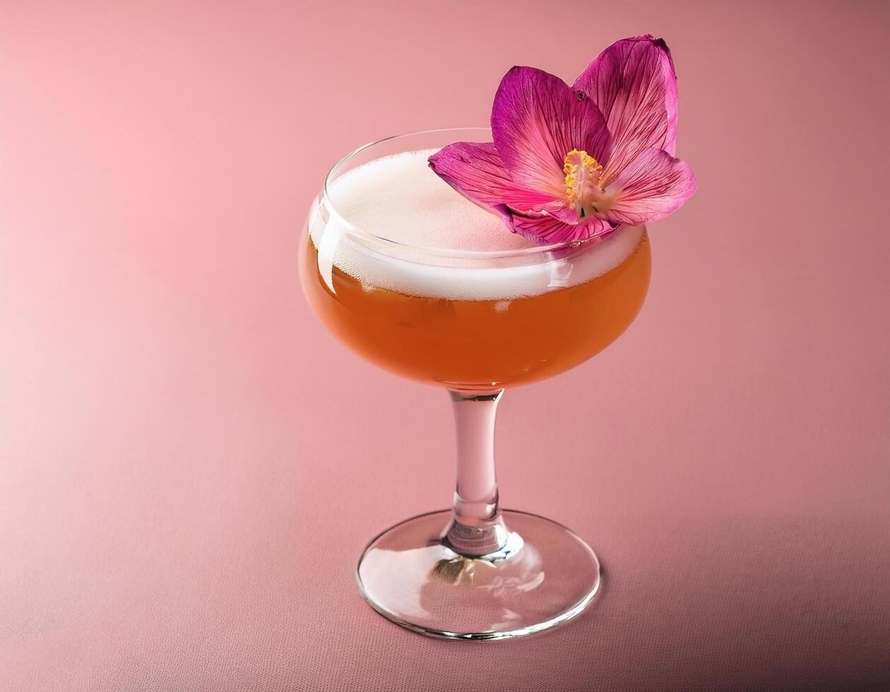 Cocktail with edible flower garnish, on pastel background photo