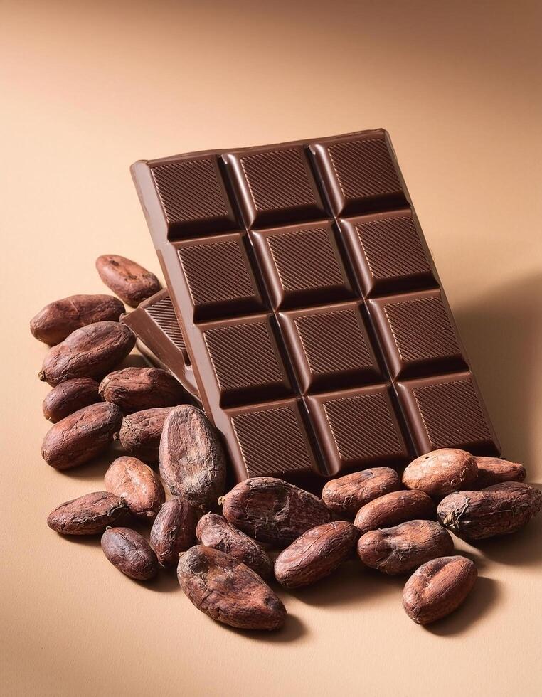 Dark chocolate bar with cocoa beans on light brown background photo
