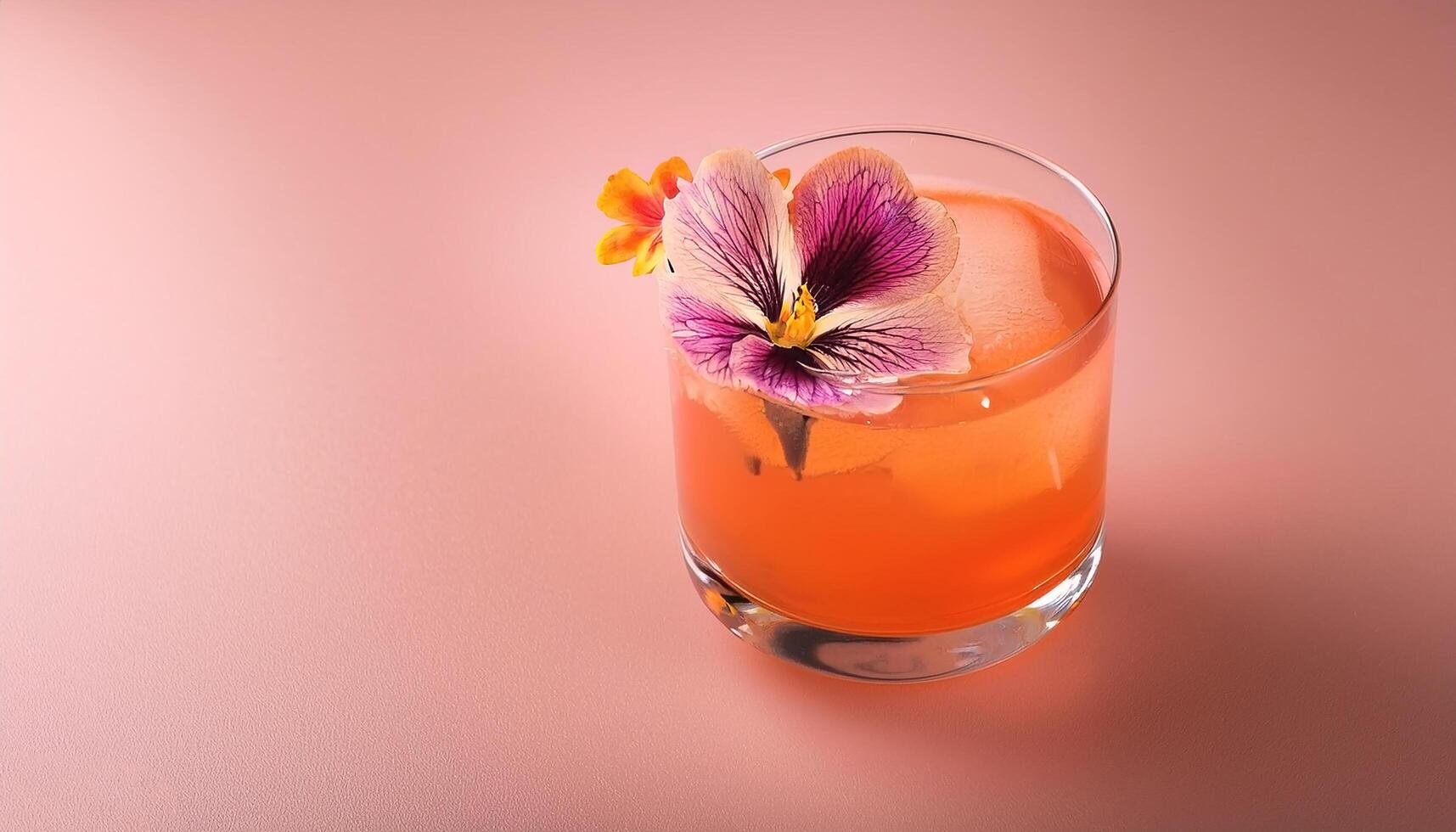 Cocktail with edible flower garnish, on pastel background photo