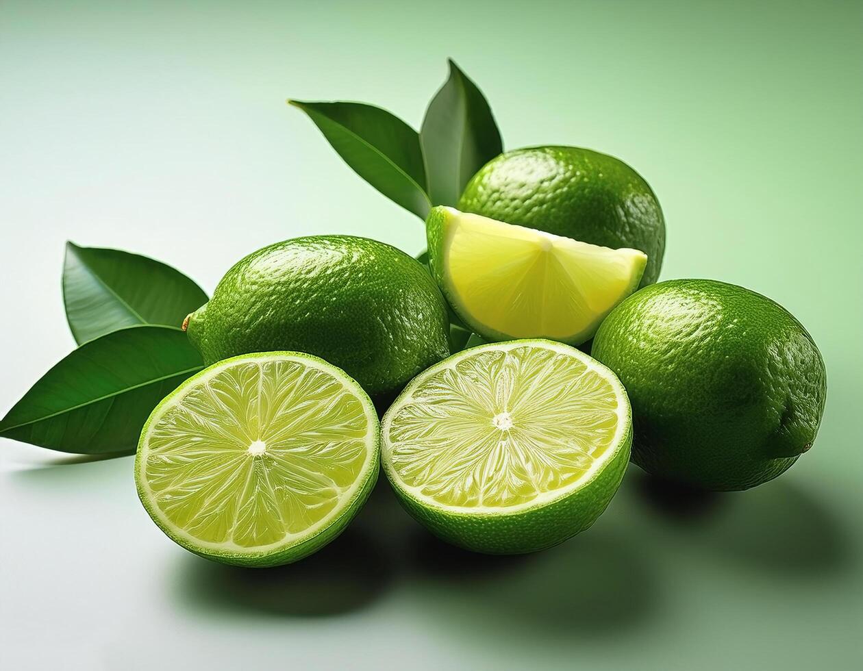 Fresh green lime with slices on the side, creating a fresh and bright look. photo