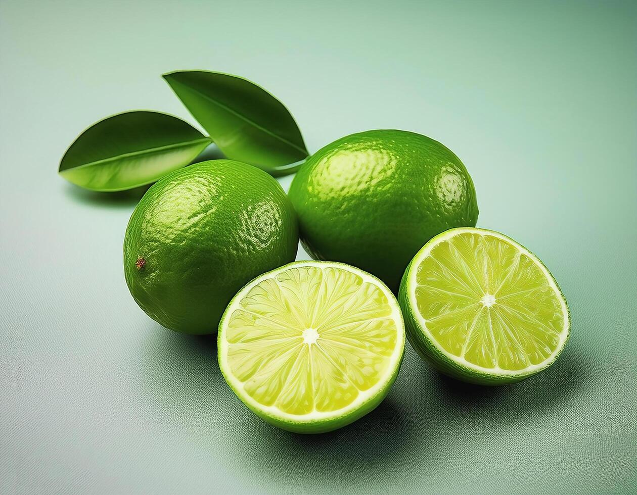 Fresh green lime with slices on the side, creating a fresh and bright look. photo