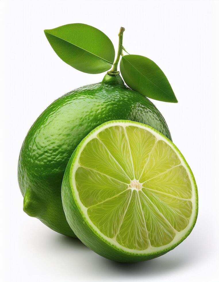Fresh green lime with slices on the side, creating a fresh and bright look. photo