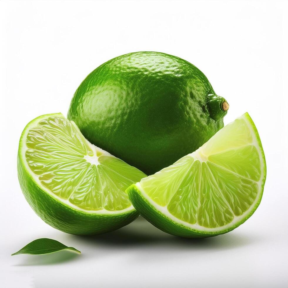 Fresh green lime with slices on the side, creating a fresh and bright look. photo