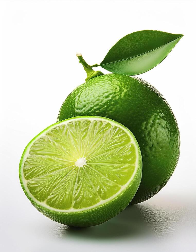 Fresh green lime with slices on the side, creating a fresh and bright look. photo