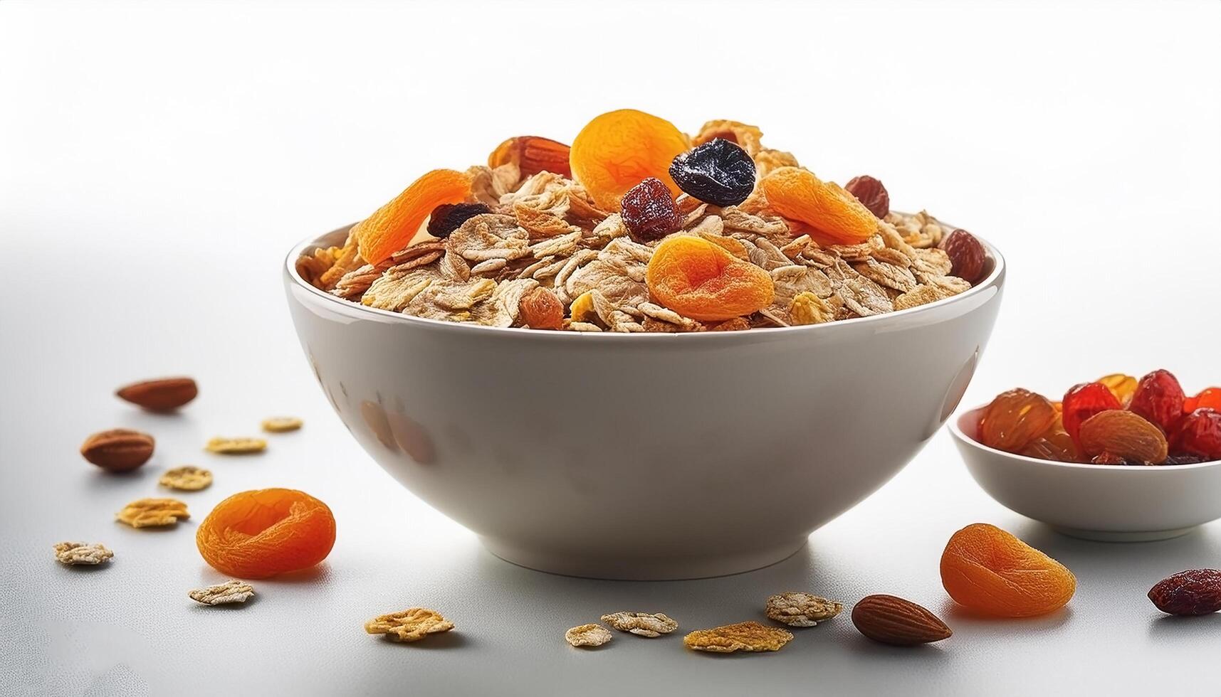 Healthy cereal bowl with dried fruit, on white background photo