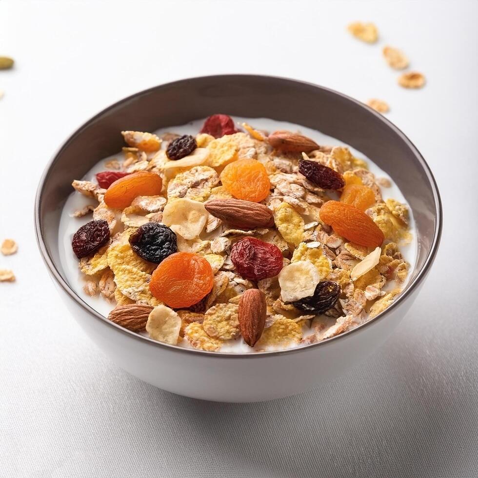 Healthy cereal bowl with dried fruit, on white background photo