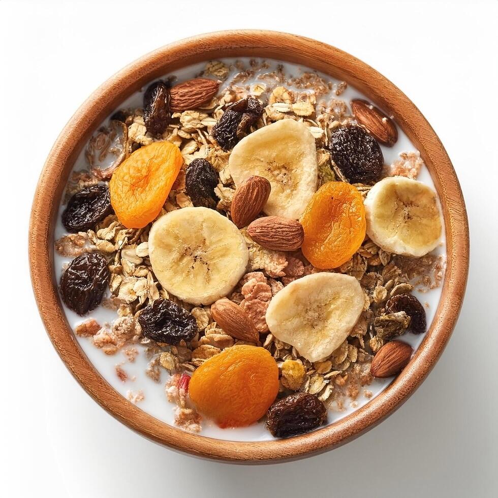 Healthy cereal bowl with dried fruit, on white background photo
