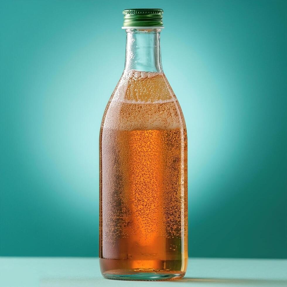 Kombucha bottle with bubbles inside, on pastel mint background photo