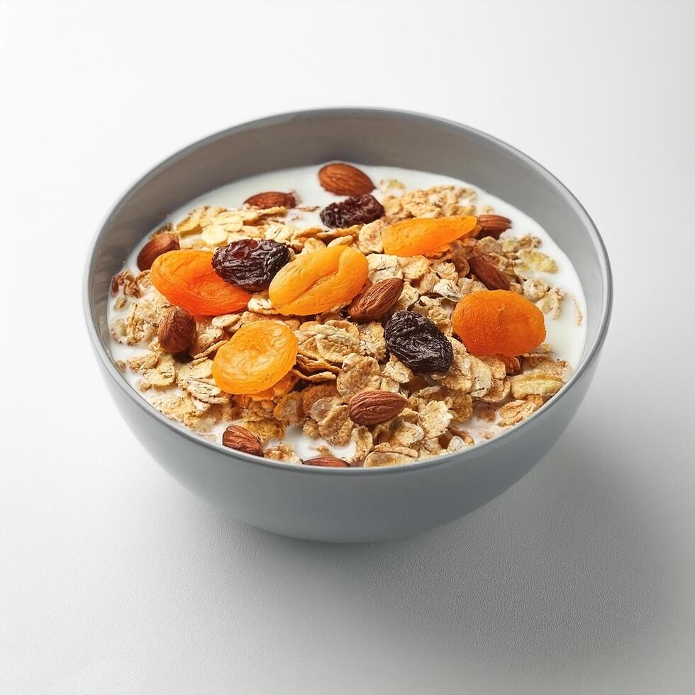 Healthy cereal bowl with dried fruit, on white background photo