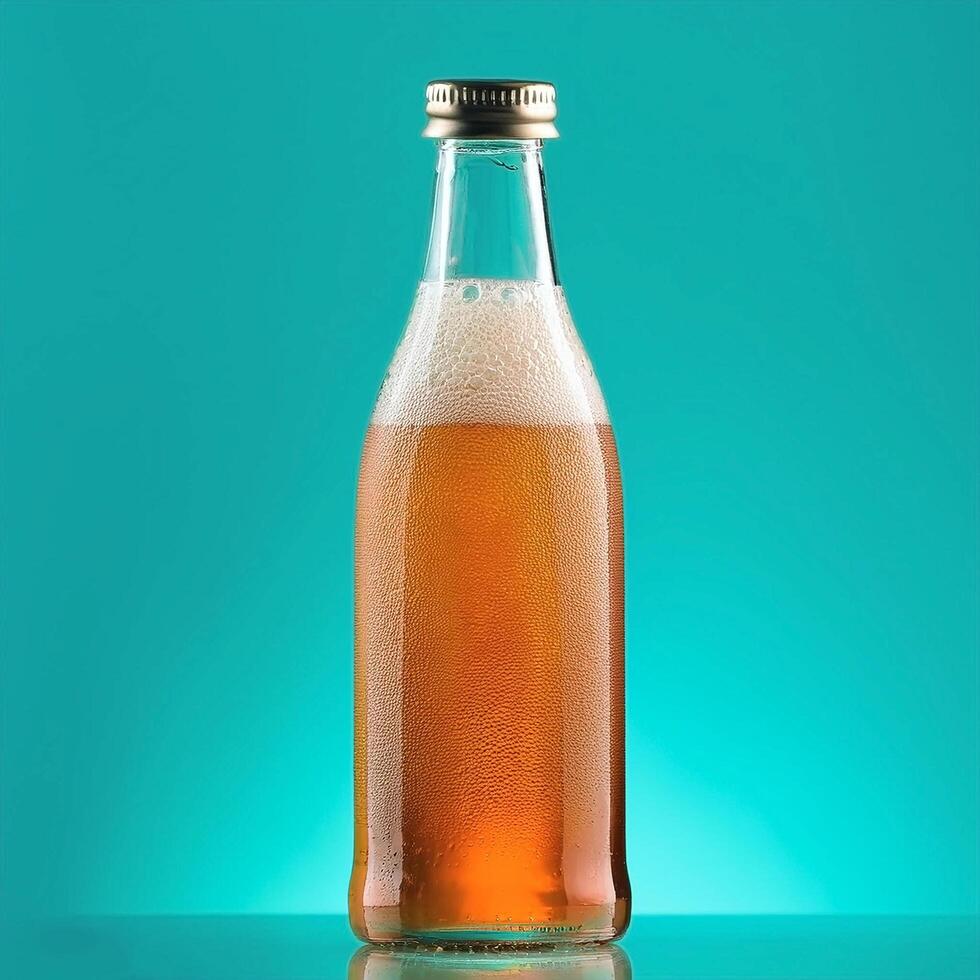 Kombucha bottle with bubbles inside, on pastel mint background photo