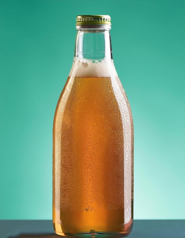 Kombucha bottle with bubbles inside, on pastel mint background photo