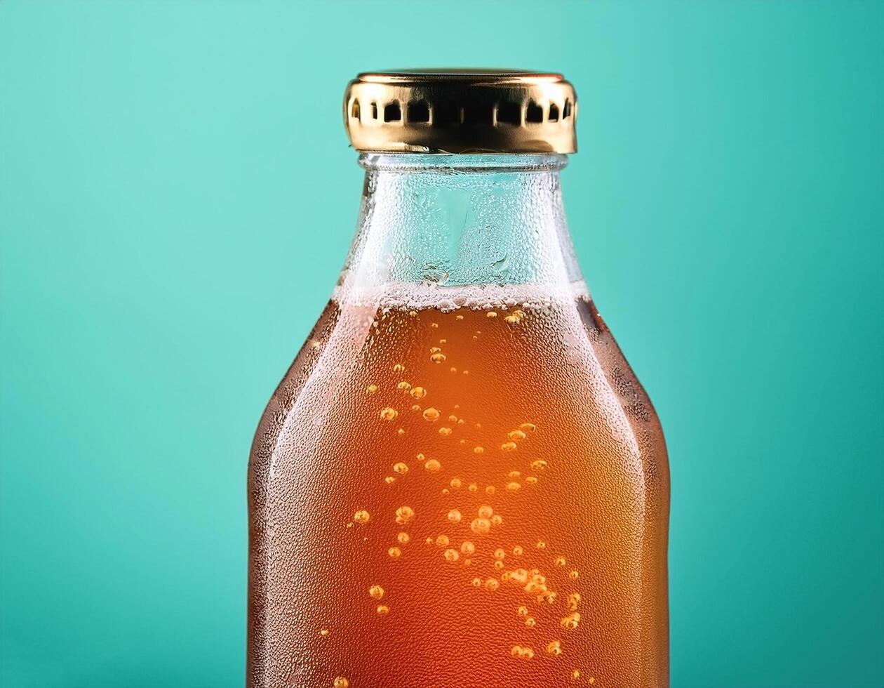 Kombucha bottle with bubbles inside, on pastel mint background photo