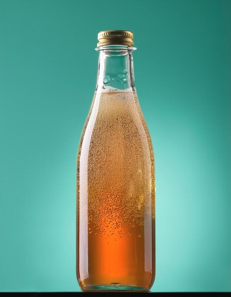 Kombucha bottle with bubbles inside, on pastel mint background photo