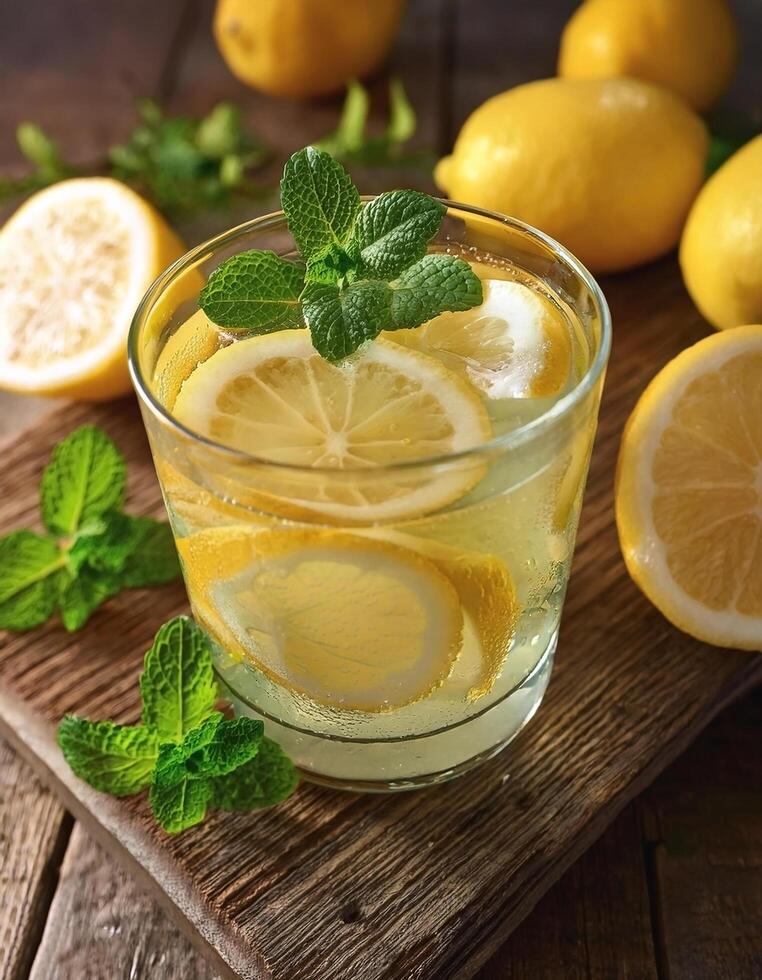 Lemonade with lemon slices and mint in a glass photo